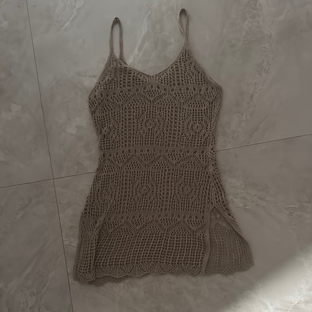 Brown Crochet Sleeveless beach cover up